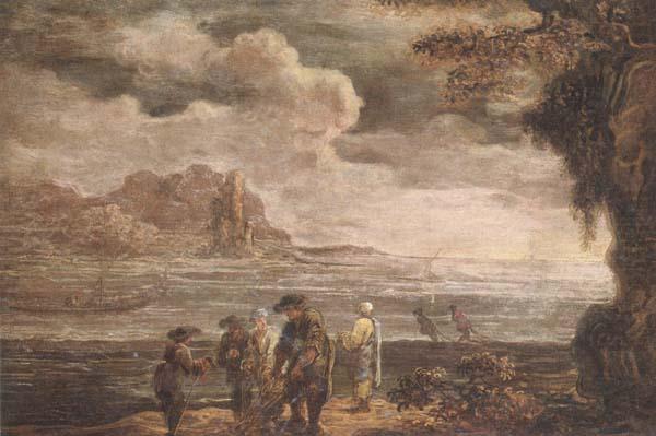 unknow artist A coastal landscape with fishermen drawing in their nets china oil painting image